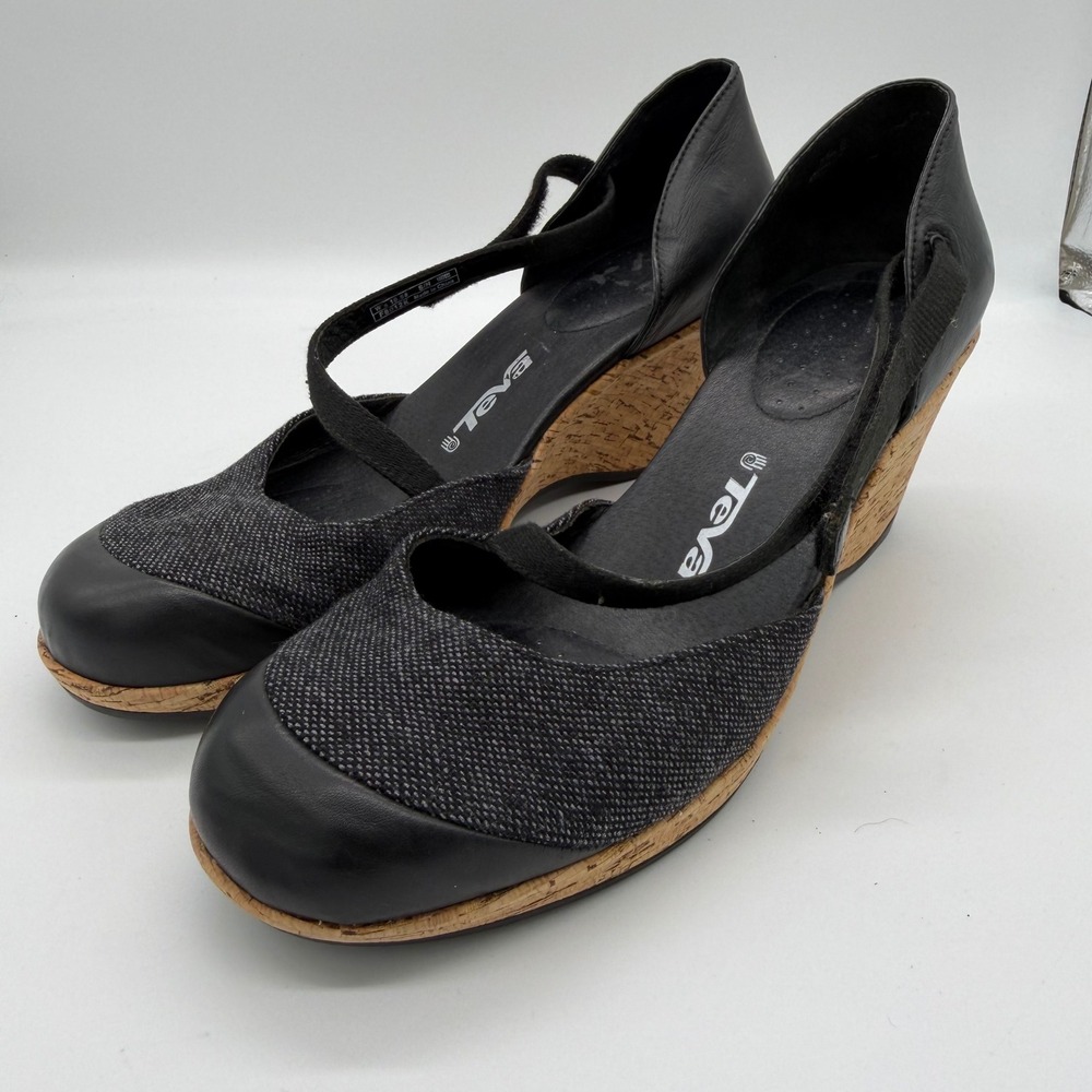 Teva Cabrillo Wedge Heels Black Leather Textile Cork 10.5 F8012K
